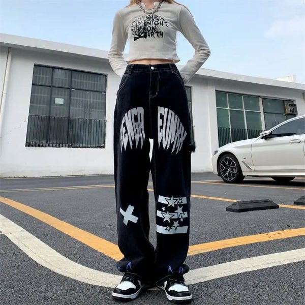 alt black star print high waist jeans