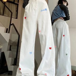 kawaii embroidered bow pants