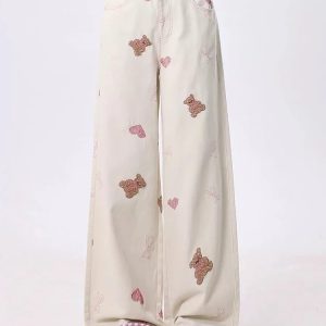 kawaii teddy embroidered wide pants