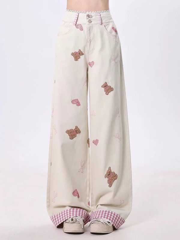 kawaii teddy embroidered wide pants