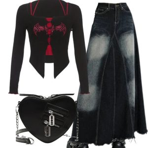 y2k outfit: alt goth graphic print t shirt+faded black maxi denim skirt+punk heart blade zipper chain bag