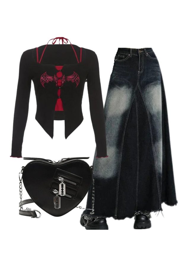 y2k outfit: alt goth graphic print t shirt+faded black maxi denim skirt+punk heart blade zipper chain bag