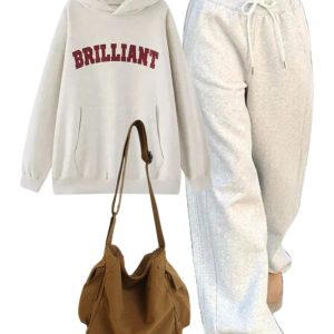 casual outfit: brilliant statement hoodie+retro gray jogging pants+large capacity solid black shoulder bag