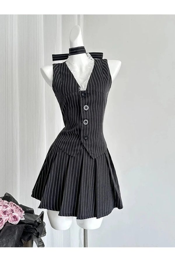 aesthetic pinstripe vest and skirt outfit set
