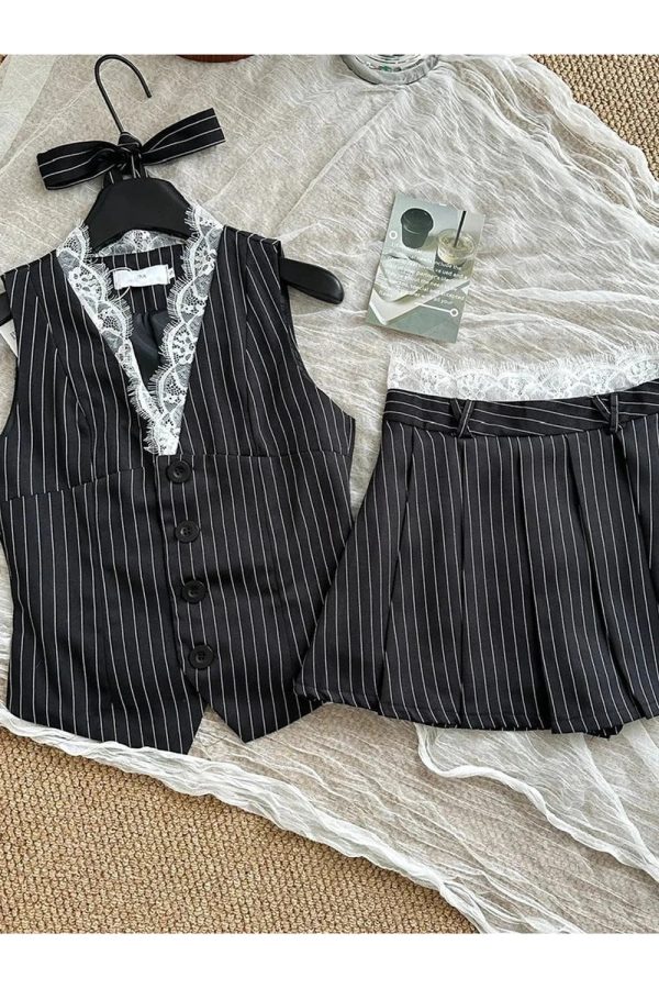aesthetic pinstripe vest and skirt outfit set