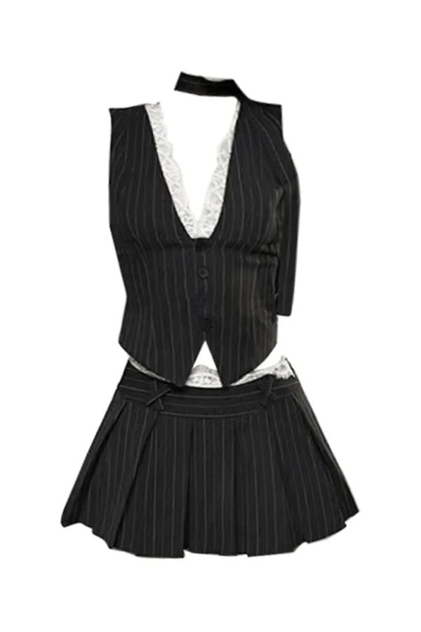 aesthetic pinstripe vest and skirt outfit set