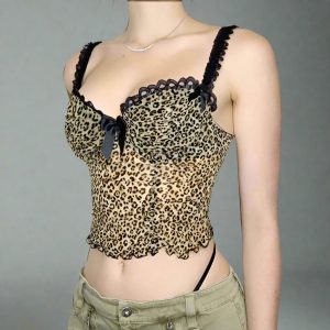 aesthetic leopard lace trim cami crop top